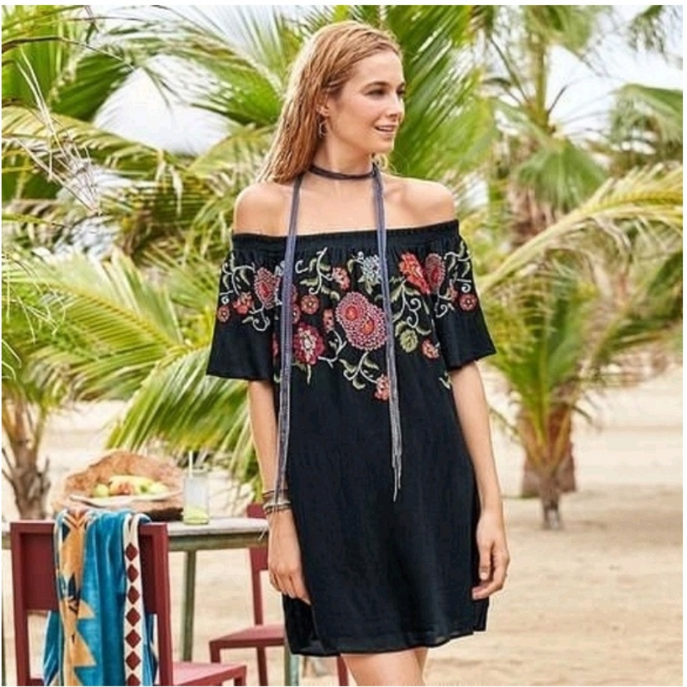 Sundance Boho Blossom Embroidered Floral Off the Shoulder Dress